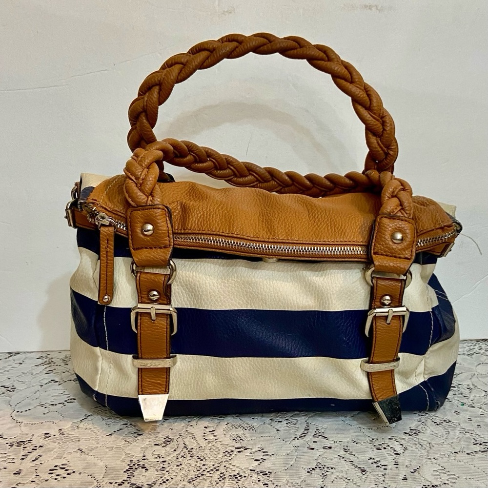 Apt. 9 Blue and White Faux Leather with Brown Leather Straps (11.5in x 8in x 4in